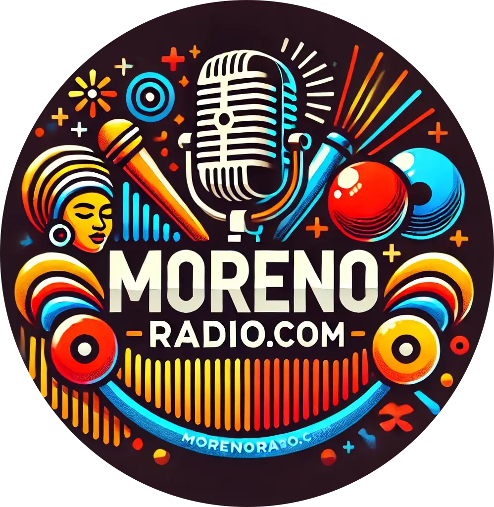 DALL·E 2024-09-24 03.53.21 - A vibrant and professional logo for MorenoRadio.Com with a black background. The design should feature elements related to radio, such as microphones